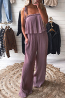 Rose Tan Solid Self Tied Straps Pleated Wide Leg Jumpsuit - SELFTRITSS   