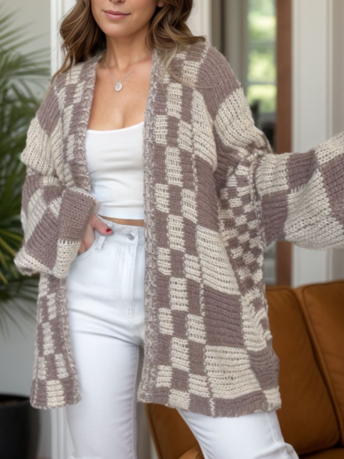 Oversized Mocha Plaid Long Sleeve Cardigan