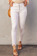 White Plain High Waist Buttons Frayed Cropped Denim Jeans - SELFTRITSS