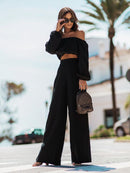 Off Shoulder Long Sleeve Top and Pants Set - SELFTRITSS   