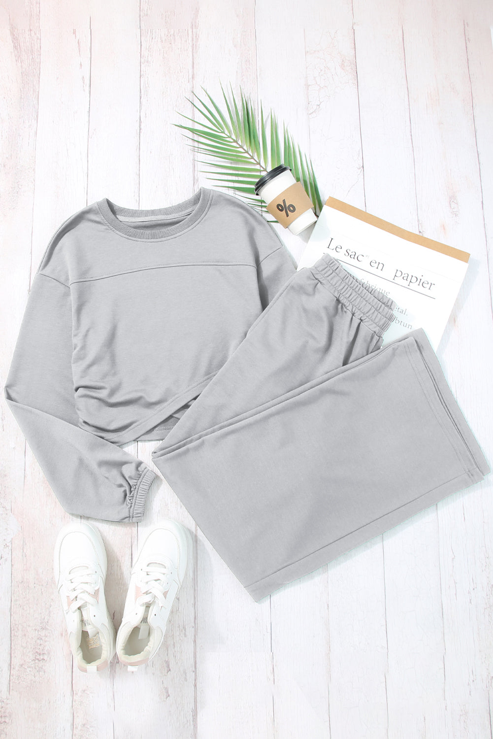 Light Grey Solid Criss Cross Crop Top and Pants Active Set - SELFTRITSS