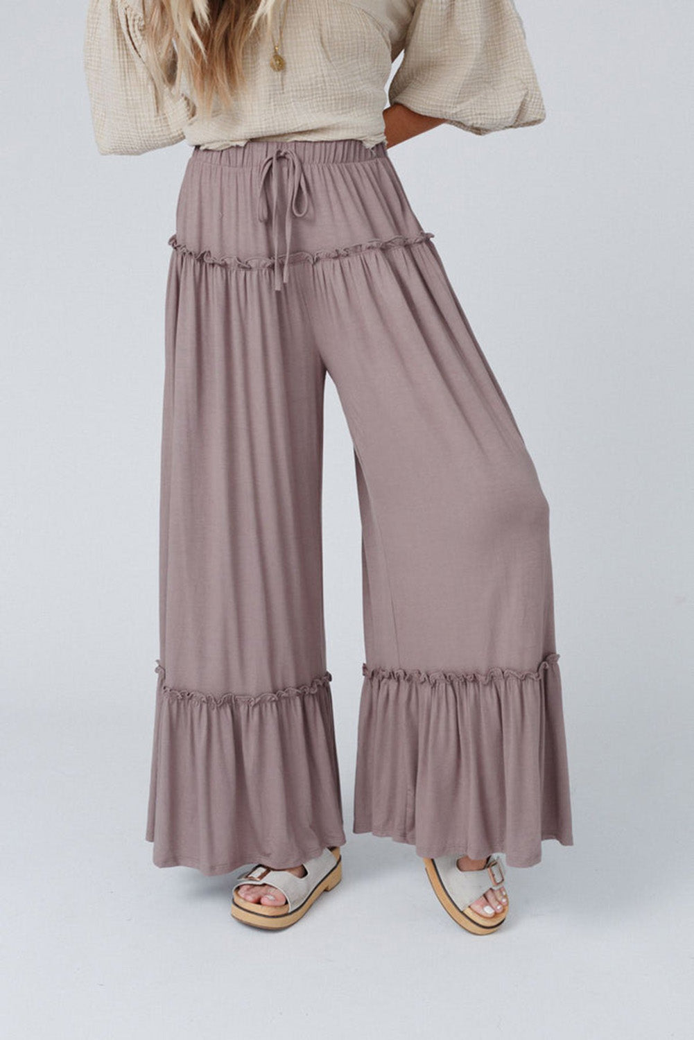 Khaki Frilled Drawstring High Waist Wide Leg Pants - SELFTRITSS   