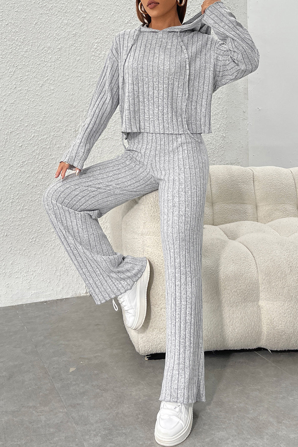 Gray Ribbed Knit Slouchy Hoodie Wide Leg Pants Set - SELFTRITSS