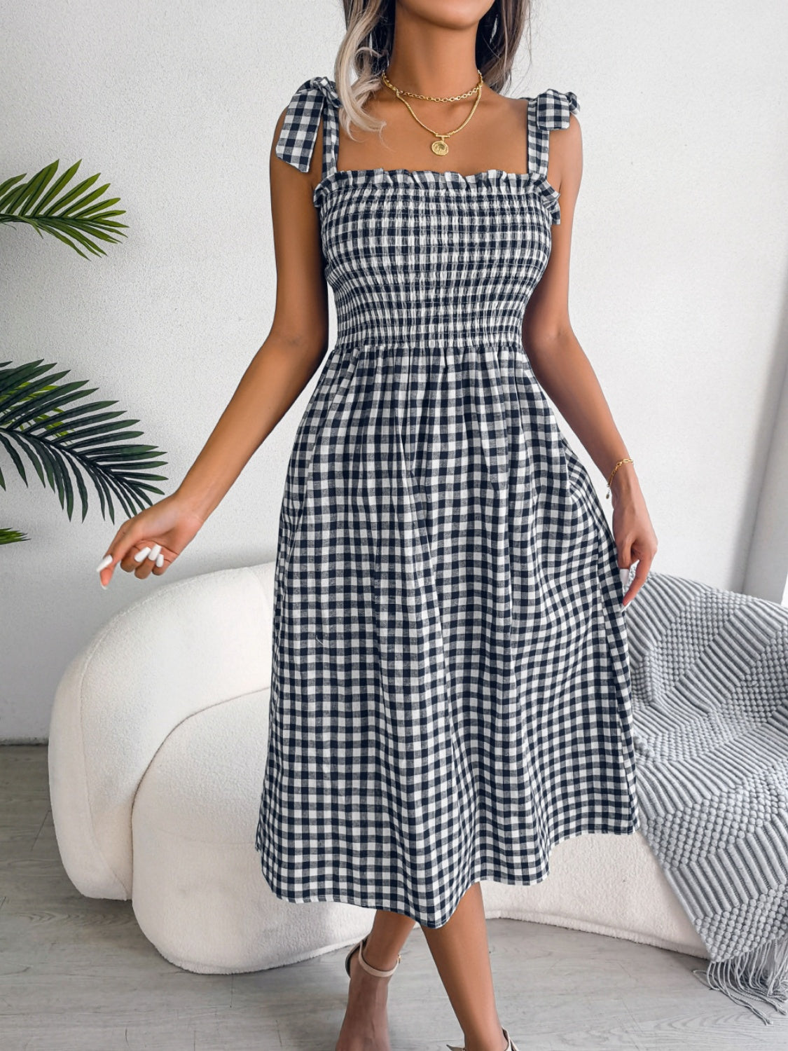 Frill Plaid Square Neck Midi Dress - SELFTRITSS   