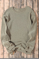 Green Solid Ribbed Knit Round Neck Pullover Sweatshirt - SELFTRITSS