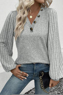 Light Grey Buttoned V Neck Ribbed Puff Sleeve Top - SELFTRITSS   