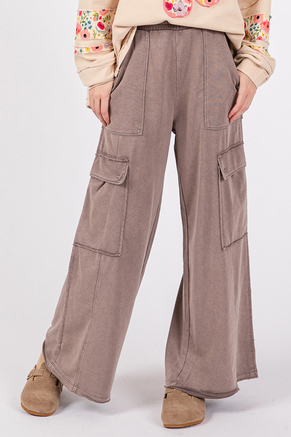 SAGE + FIG Knit Terry Mineral Wash Wide Leg Pants - SELFTRITSS   