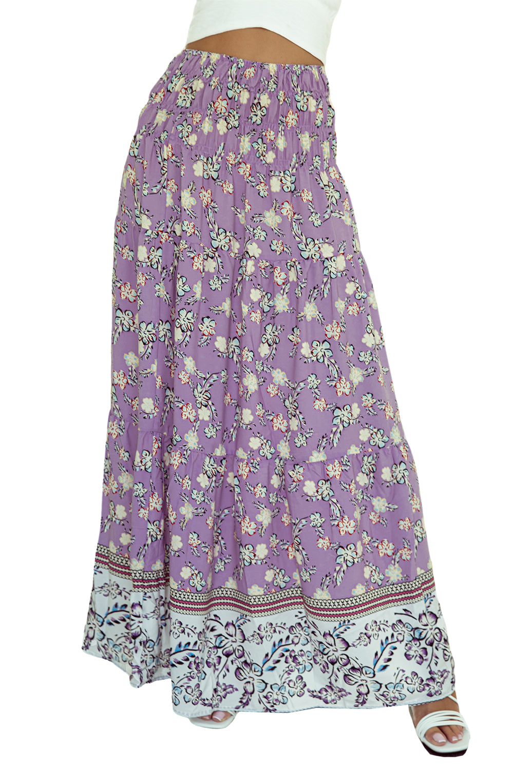 Purple Floral Print Shirred High Waist Maxi Skirt - SELFTRITSS