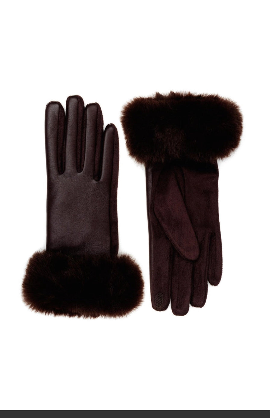 Vegan Leather and Suede Fur Trimmed Gloves