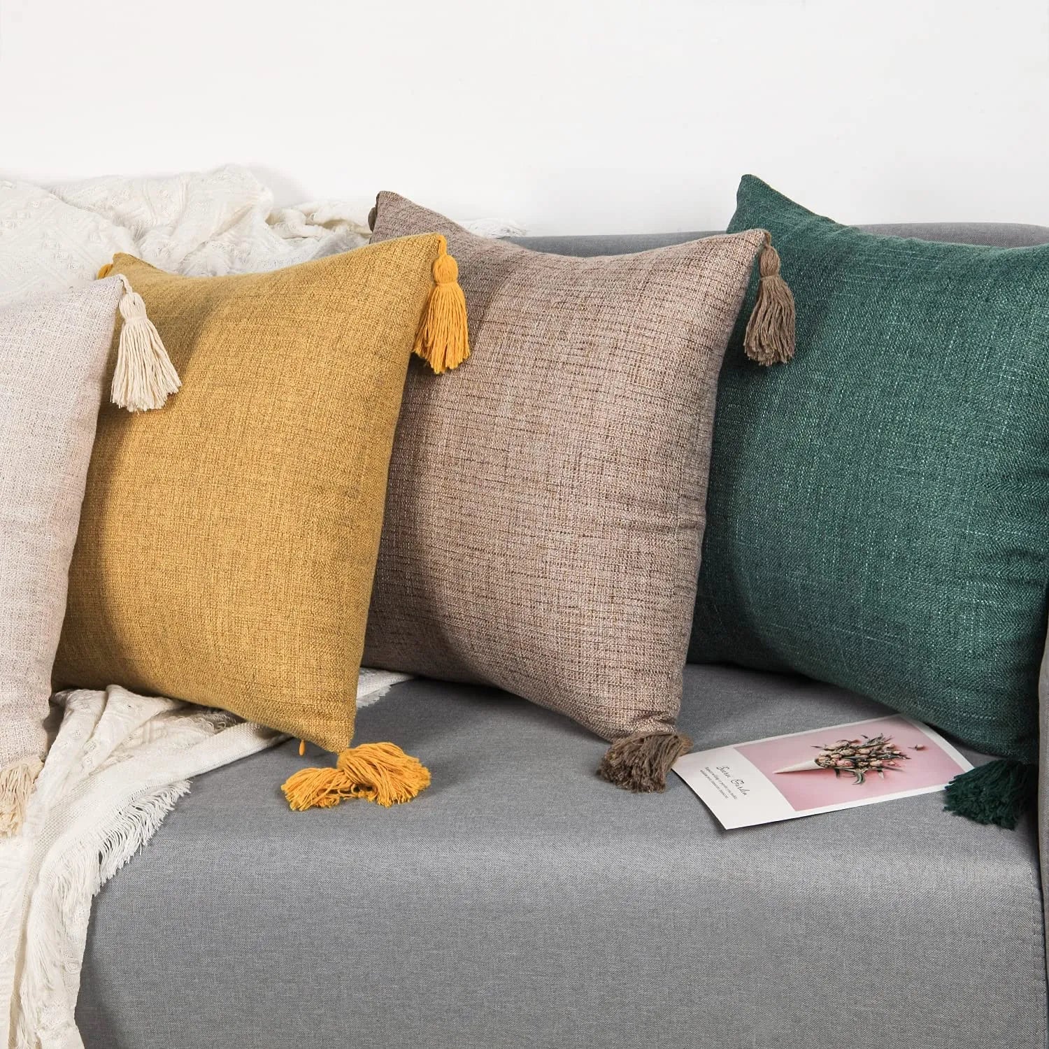 Solid Linen Cushion Covers With Tassels 45 x 45cm