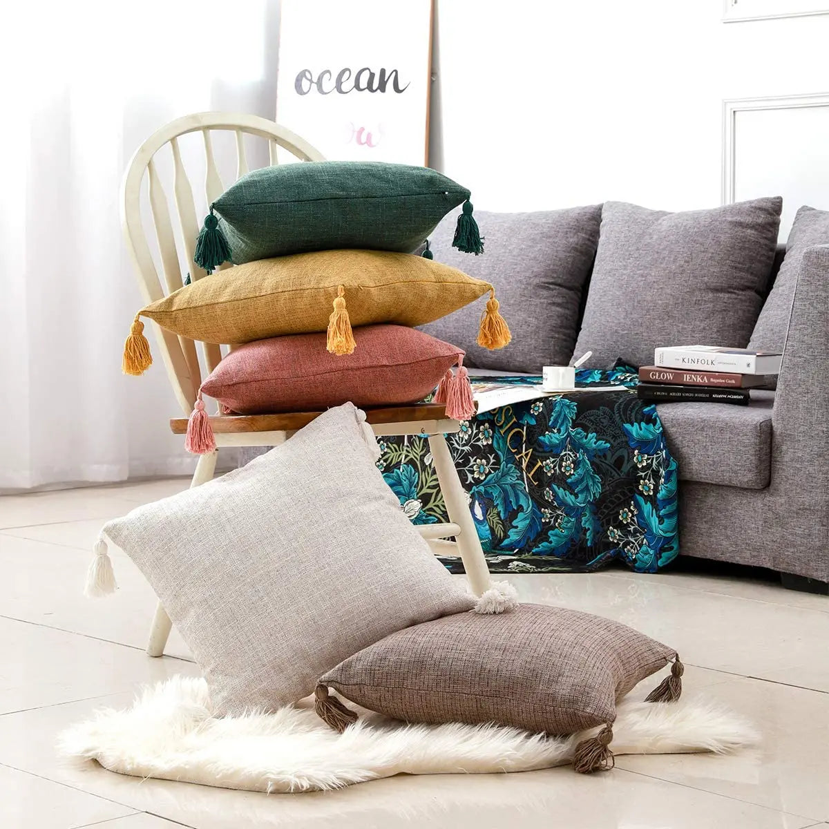 Solid Linen Cushion Covers With Tassels 45 x 45cm - SELFTRITSS