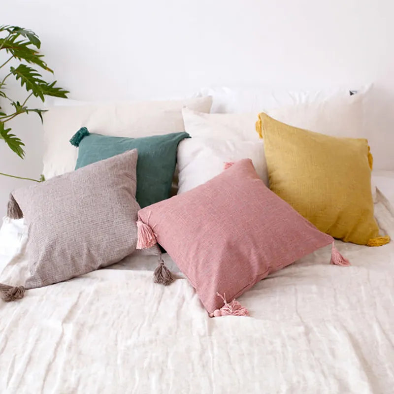Solid Linen Cushion Covers With Tassels 45 x 45cm