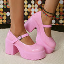 Mary Jane Pink Chunky Platform Heels - SELFTRITSS