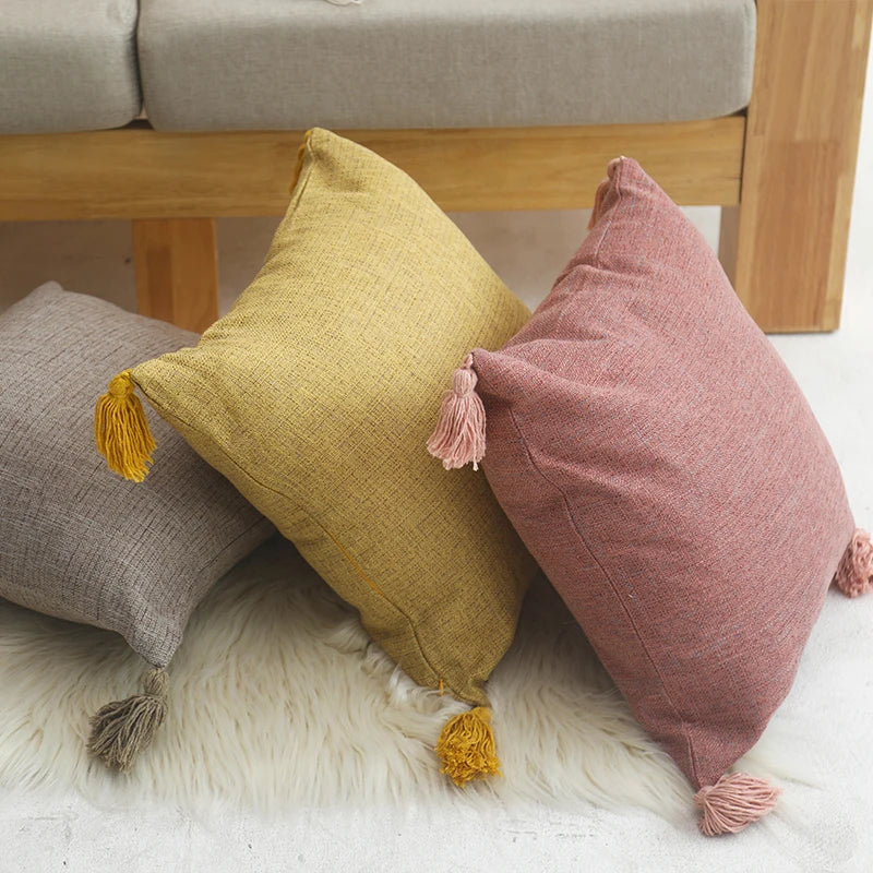 Solid Linen Cushion Covers With Tassels 45 x 45cm - SELFTRITSS
