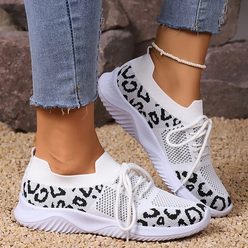 White Leopard Print Breathable Knitting Sneakers