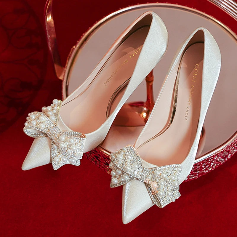 Pearl Bowknot Wedding Bridal Shoes - SELFTRITSS