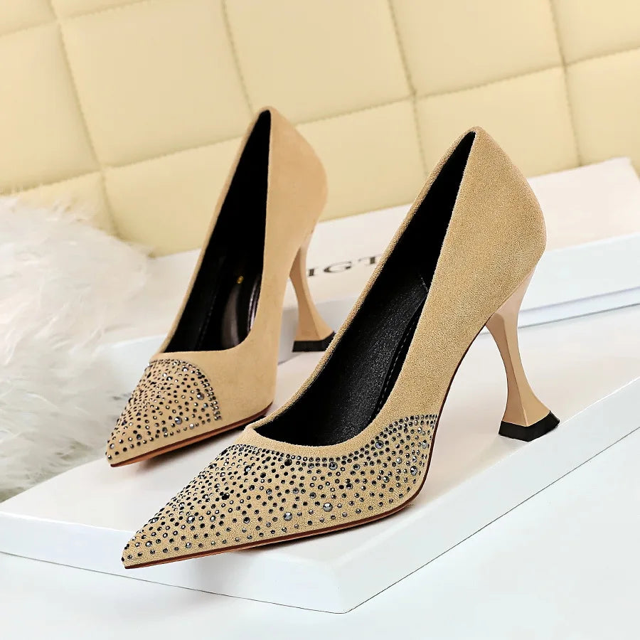 Flock High Heels Shoes Women Rhinestone Design Pointed Toe Pumps Ladies Shoes New Arrival