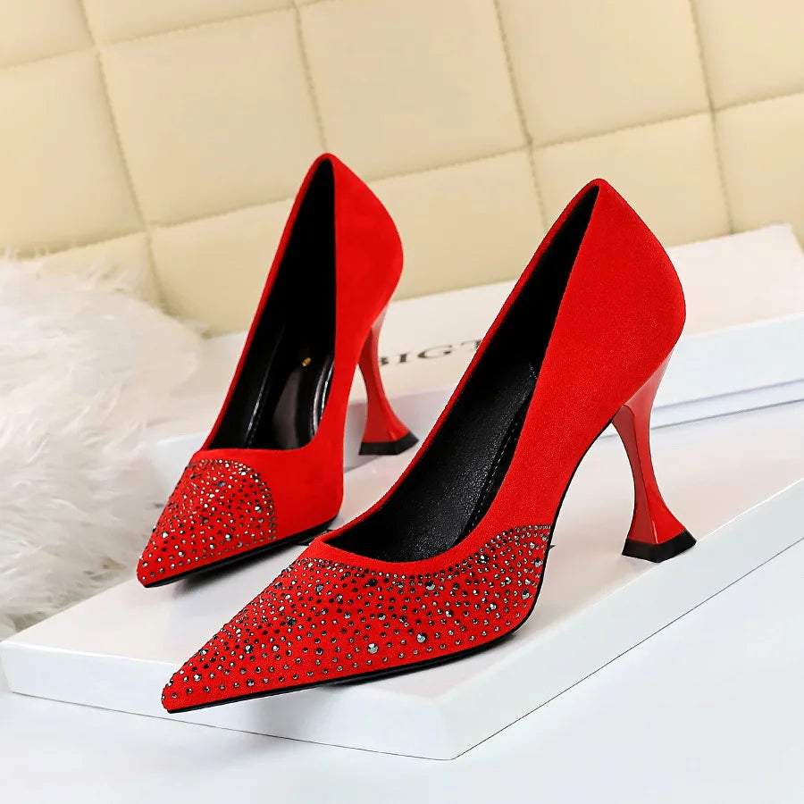 Flock High Heels Shoes Women Rhinestone Design Pointed Toe Pumps Ladies Shoes New Arrival - SELFTRITSS