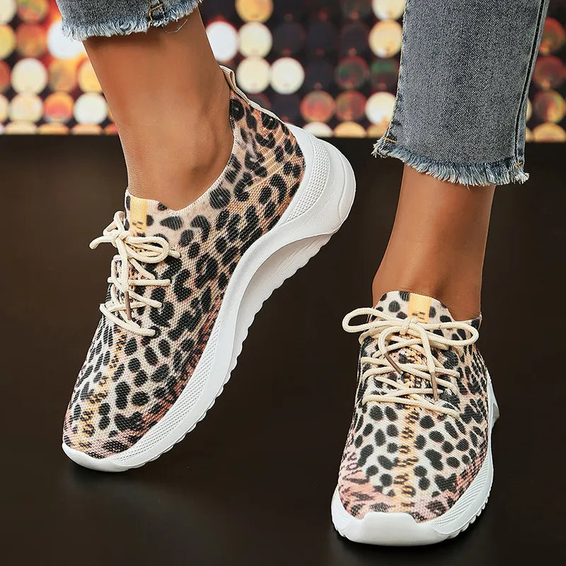 Leopard Knitted Slip On Lightweight Casual Sport Sneakers