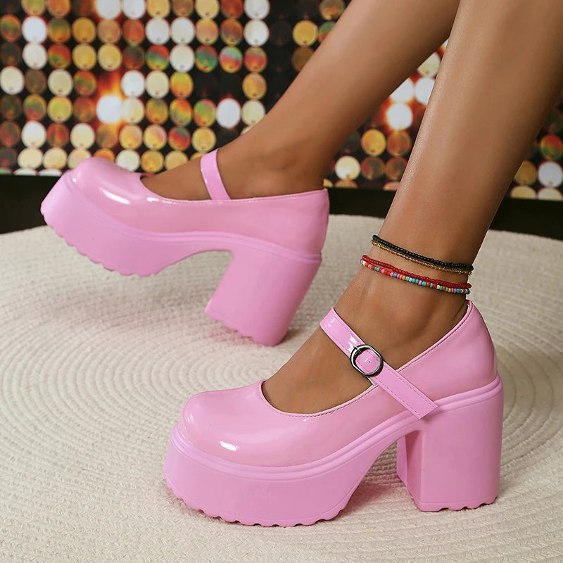 Mary Jane Pink Chunky Platform Heels - SELFTRITSS