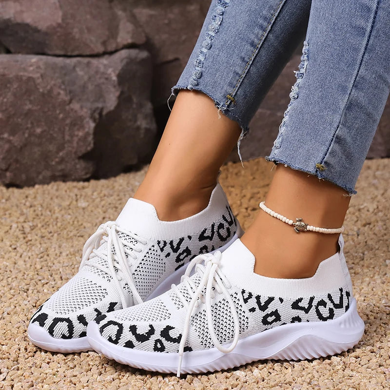 White Leopard Print Breathable Knitting Sneakers