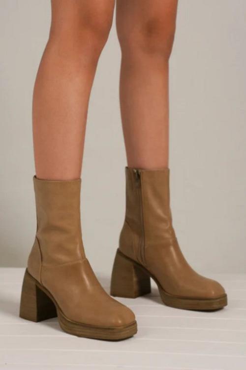 Beige Chunky Heel Ankle Boots