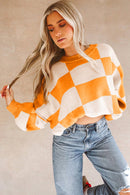 Orange Checkered Bishop Sleeve Sweater - SELFTRITSS   