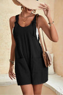 Black Adjustable Straps Pocketed Textured Romper - SELFTRITSS   