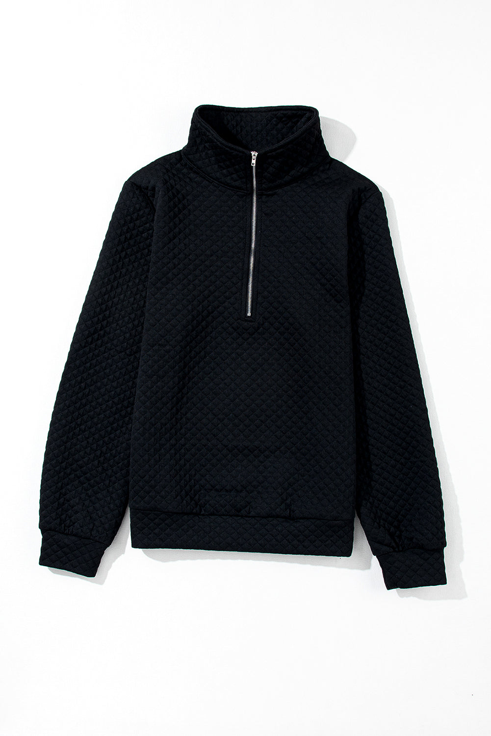 Black Solid Half Zipper Quilted Pullover Sweatshirt - SELFTRITSS