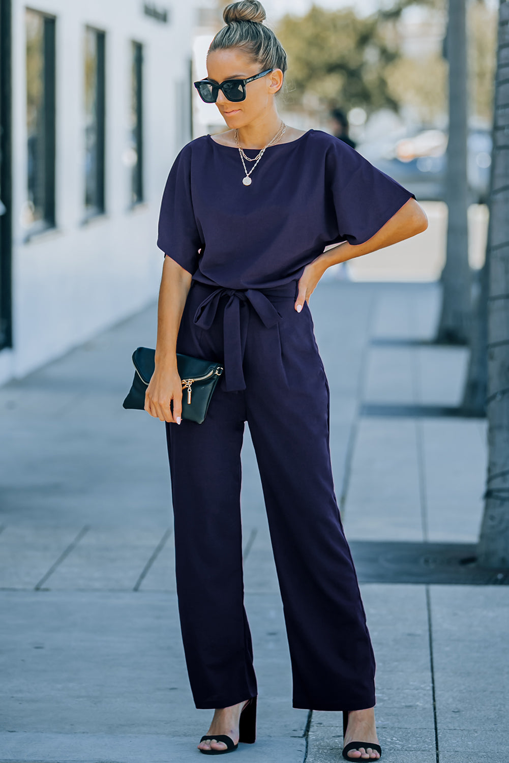 Blue Oh So Glam Belted Wide Leg Jumpsuit - SELFTRITSS