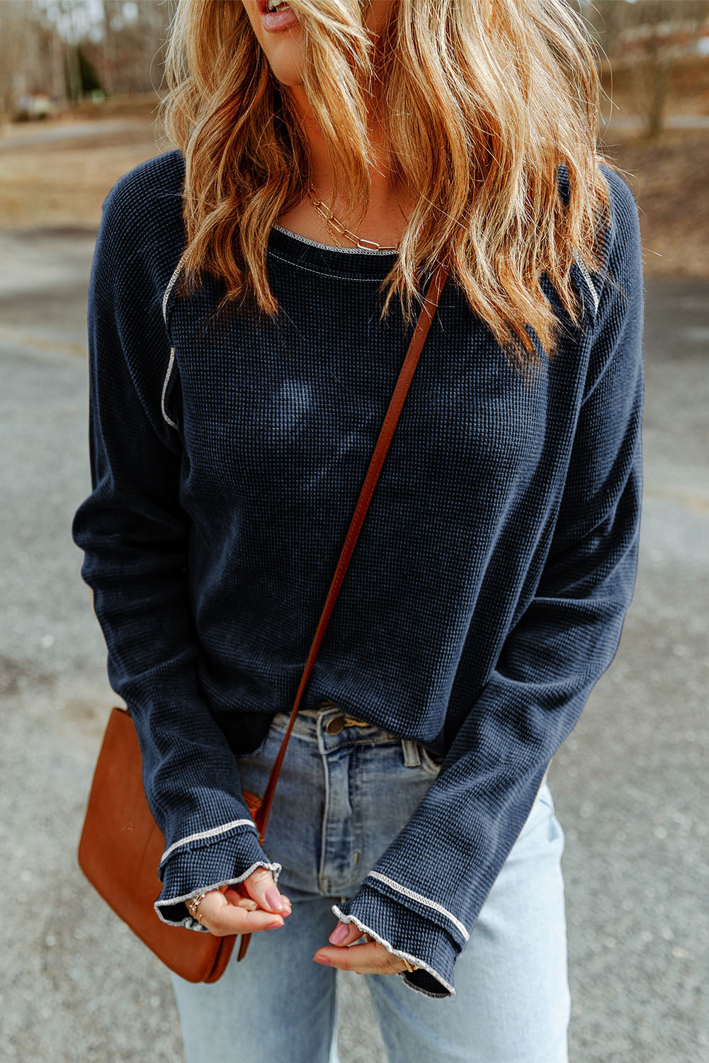 Blue Textured Round Neck Long Sleeve Top - SELFTRITSS   