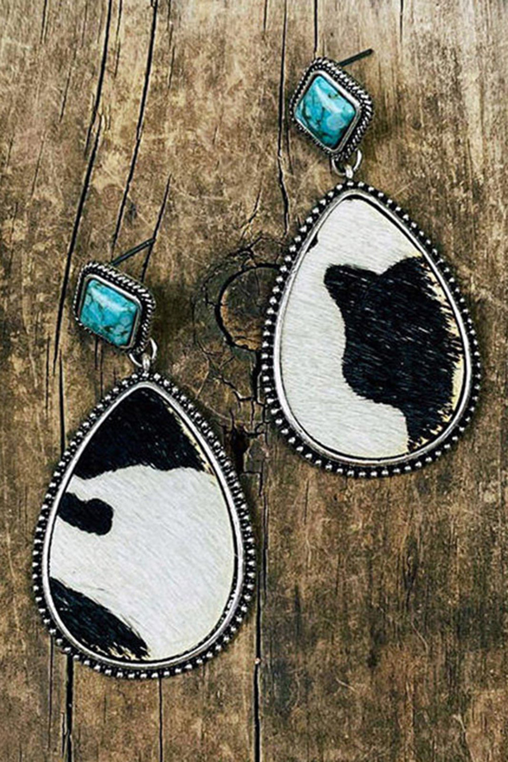 Black Cow Print Turquoise Drop Earrings - SELFTRITSS