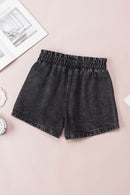 Black Retro Bleach-washed Ruffled Elastic High Waist Denim Shorts - SELFTRITSS