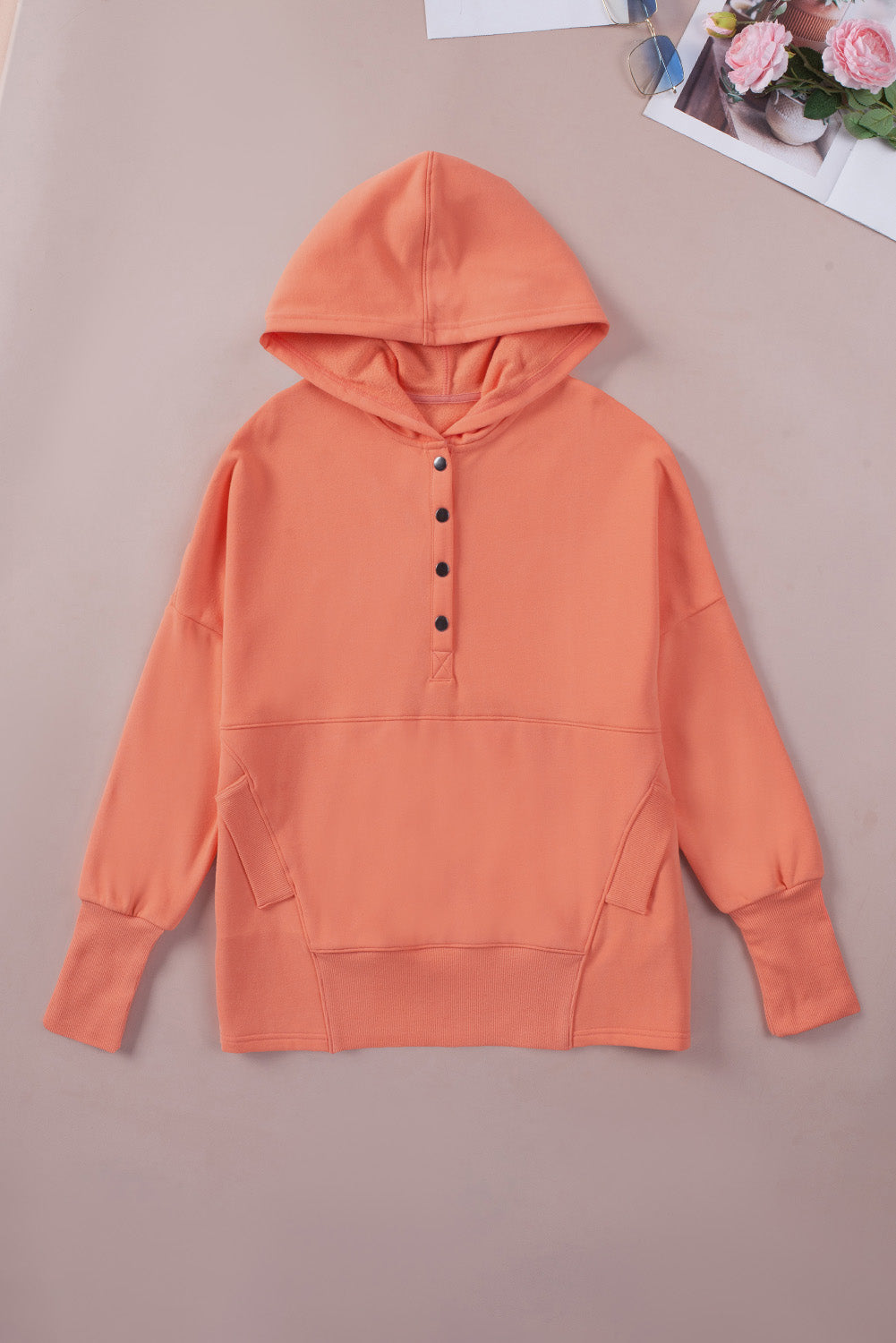 Orange Batwing Sleeve Pocketed Henley Hoodie - SELFTRITSS