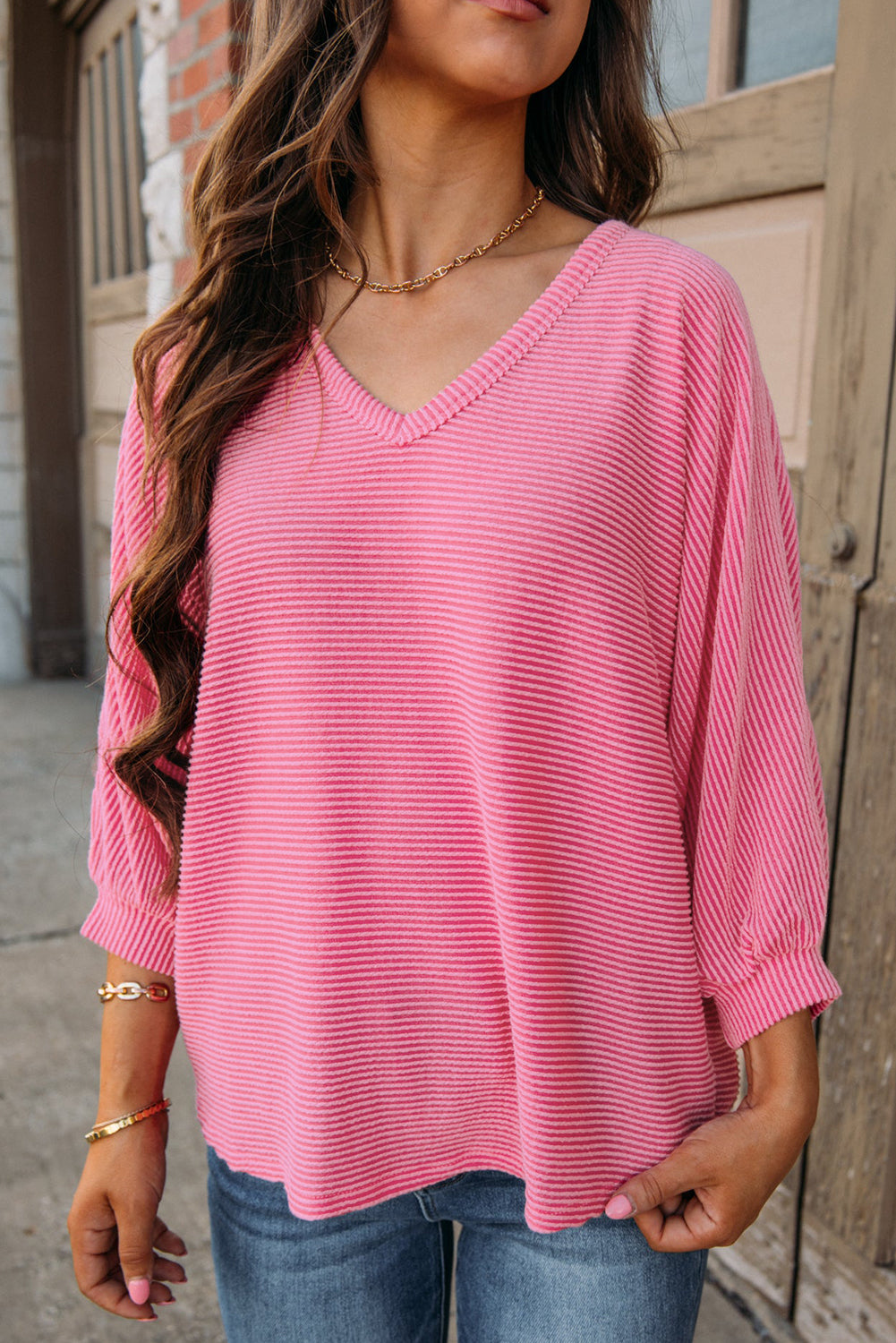 Strawberry Pink Striped Print Bracelet Sleeve V Neck Top - SELFTRITSS