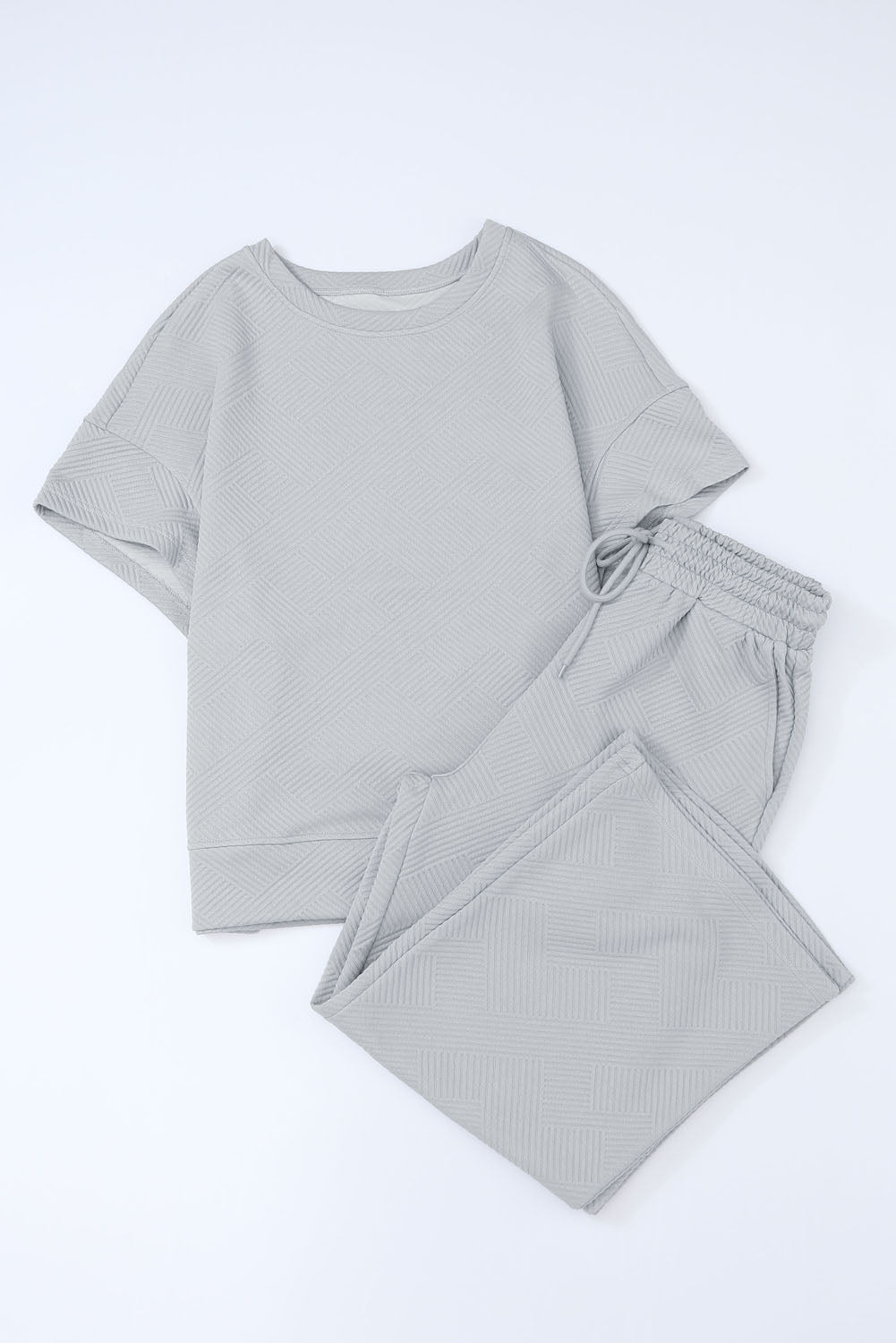 Gray Textured Loose Fit T Shirt and Drawstring Pants Set - SELFTRITSS