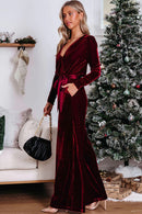 Fiery Red Velvet Pocketed Cut out Back Wide Leg Jumpsuit - SELFTRITSS