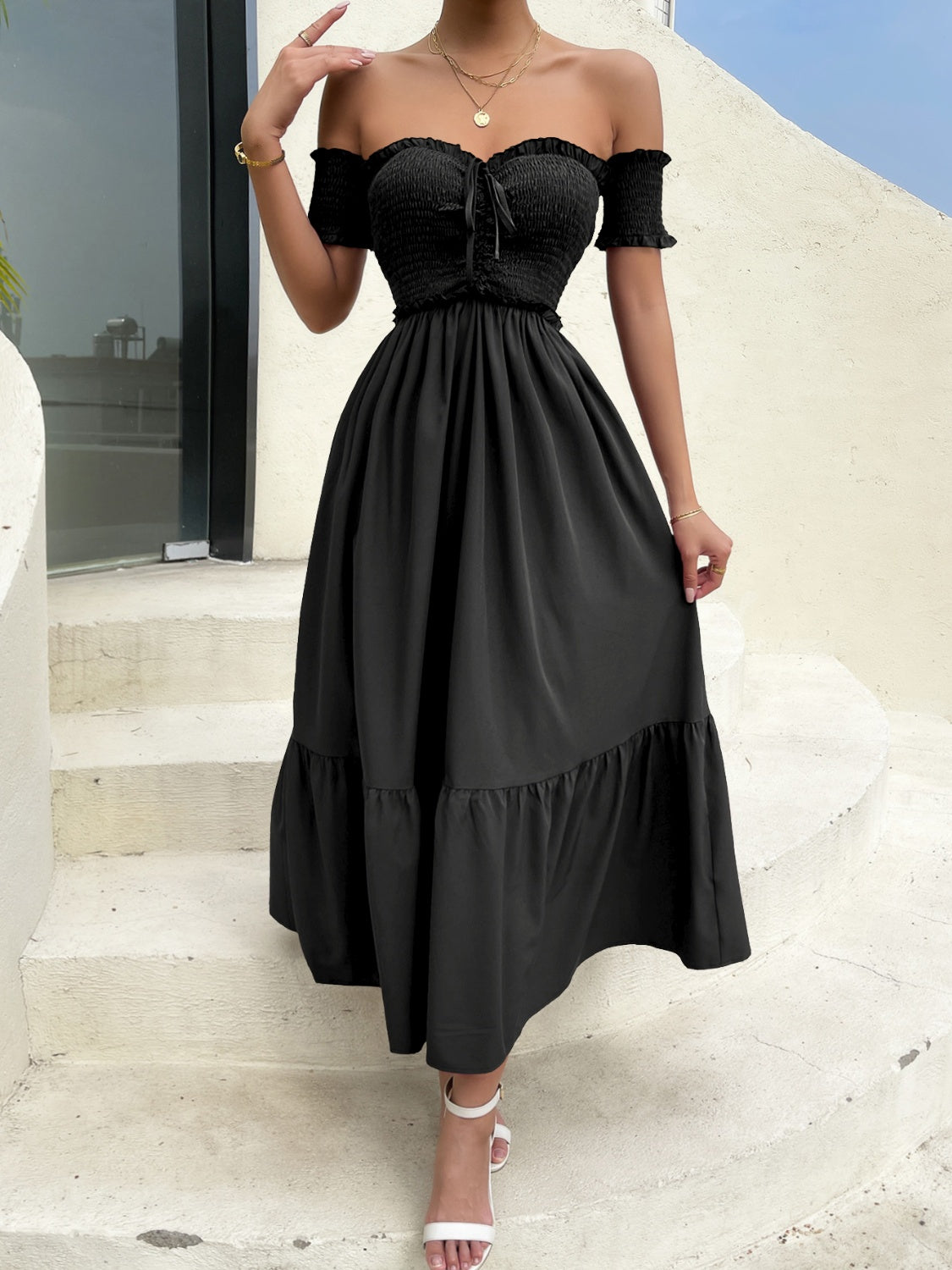 Off-Shoulder Short Sleeve Midi Dress - SELFTRITSS   