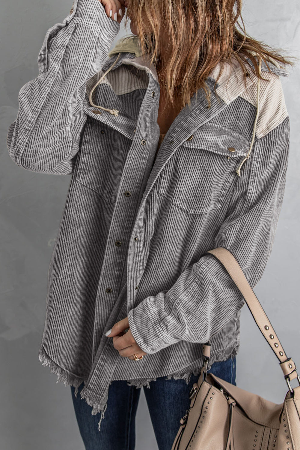 Gray Color Block Button Down Hooded Corduroy Jacket - SELFTRITSS   