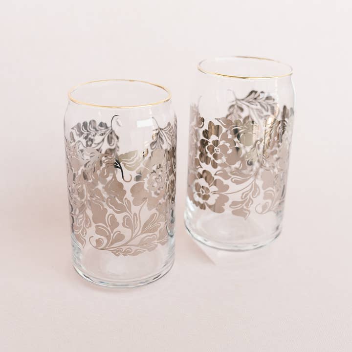Silver Floral 16 oz Soda Can Glass Set of 2