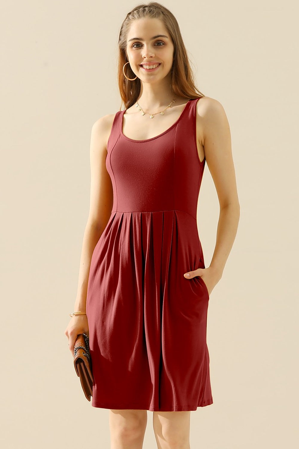 Doublju Full Size Round Neck Ruched Sleeveless Dress with Pockets - SELFTRITSS