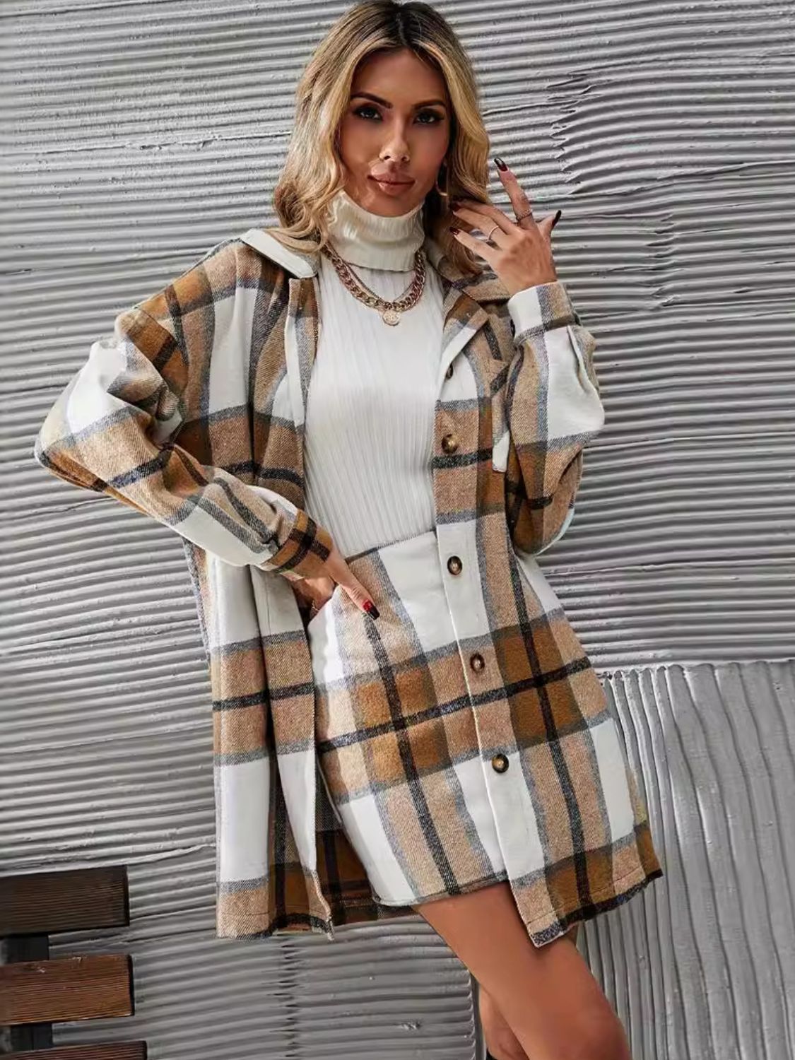 Women's Brown Plaid Long Sleeve Coat & Skirt Set