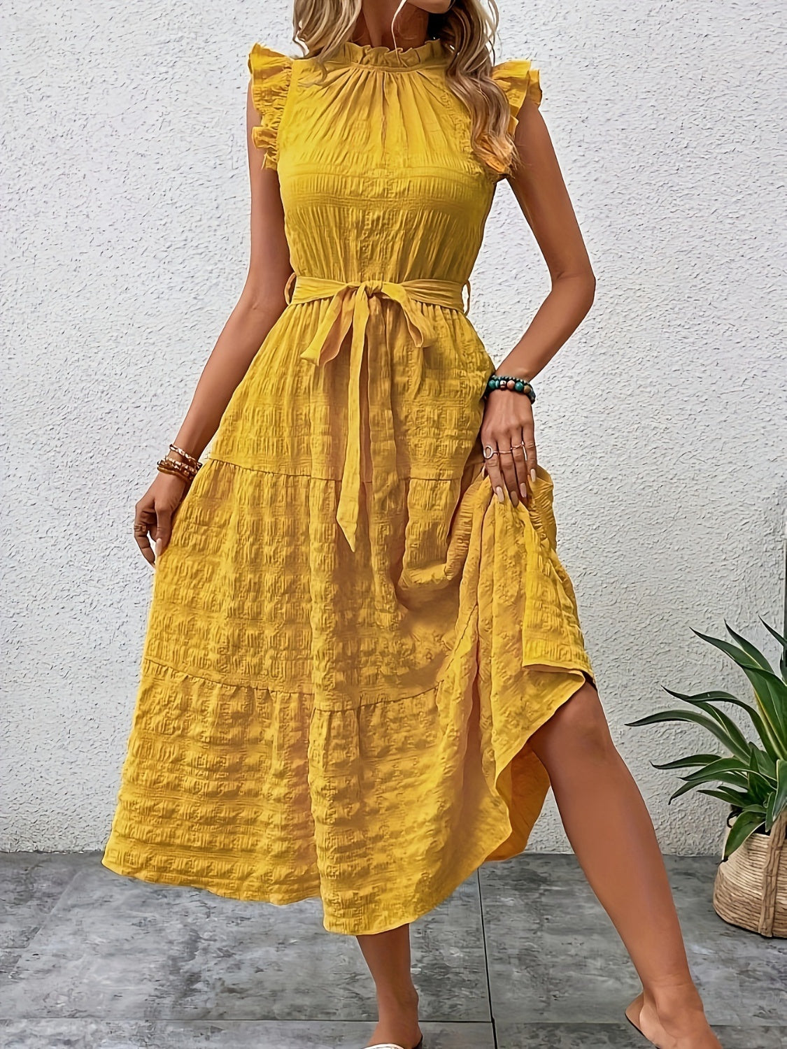 Tied Ruffled Cap Sleeve Midi Dress - SELFTRITSS   