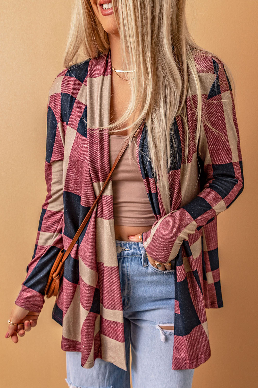 Draped Open Front Plaid Cardigan - SELFTRITSS