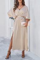 Slit Tied V-Neck Three-Quarter Sleeve Dress - SELFTRITSS