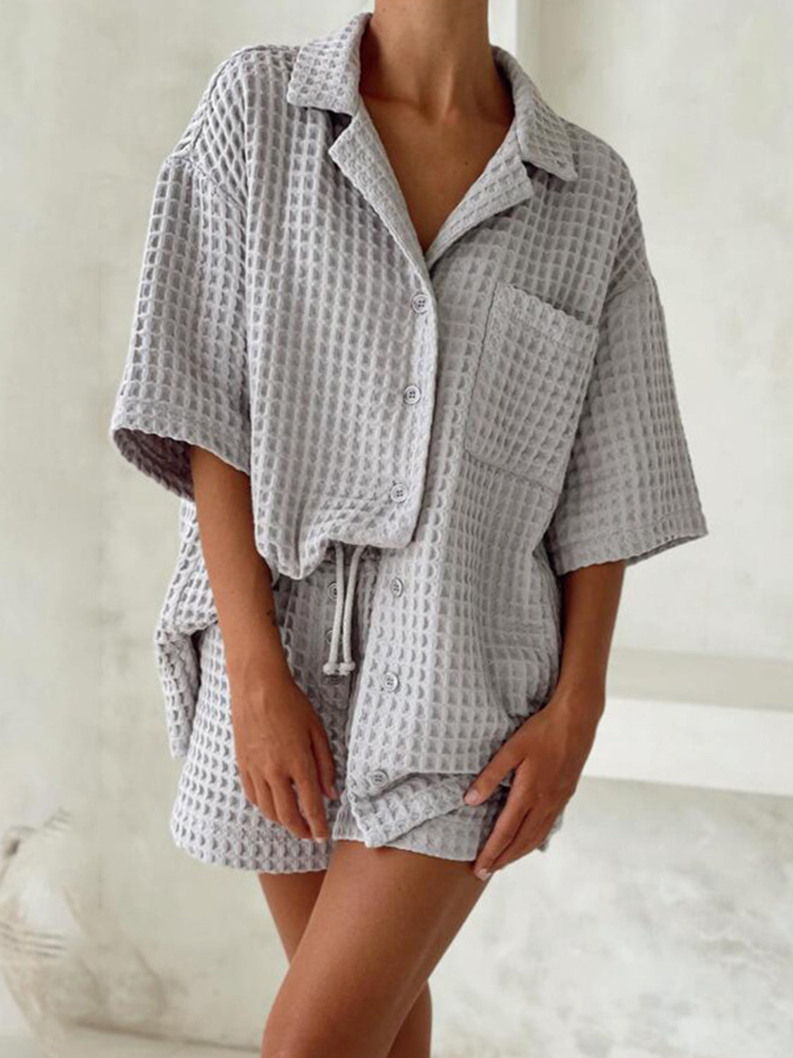 Waffle-Knit Dropped Shoulder Top and Shorts Set - SELFTRITSS