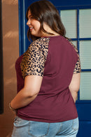 Burgundy Contrast Leopard Raglan Sleeve Plus Size T-shirt - SELFTRITSS