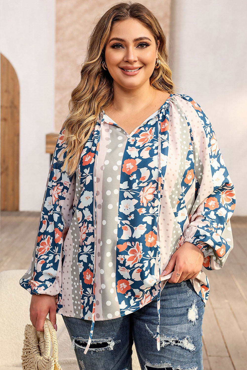 Multicolor Plus Size Mixed Print Split Neck Blouse - SELFTRITSS