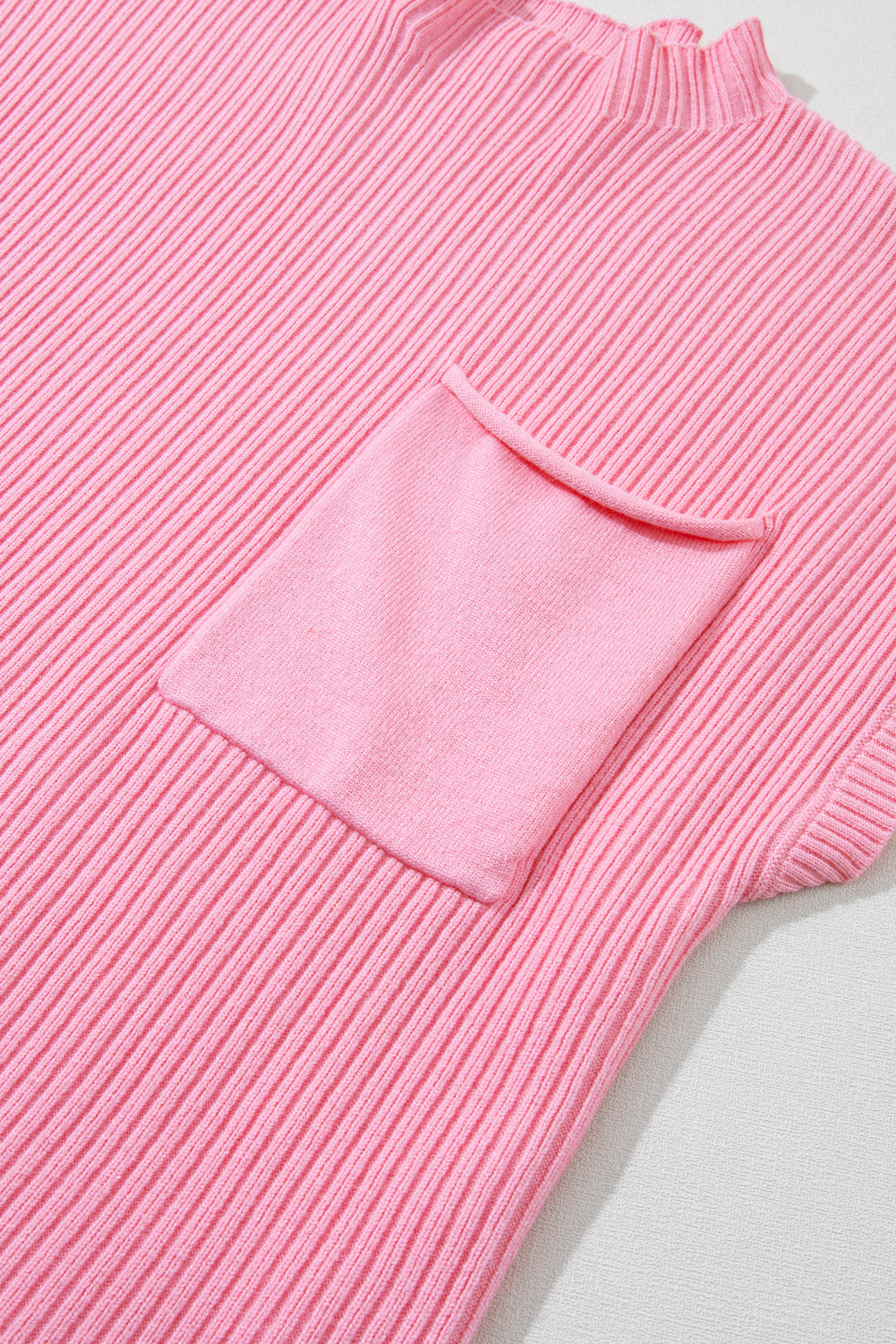 Pink Patch Pocket Ribbed Knit Short Sleeve Sweater - SELFTRITSS   