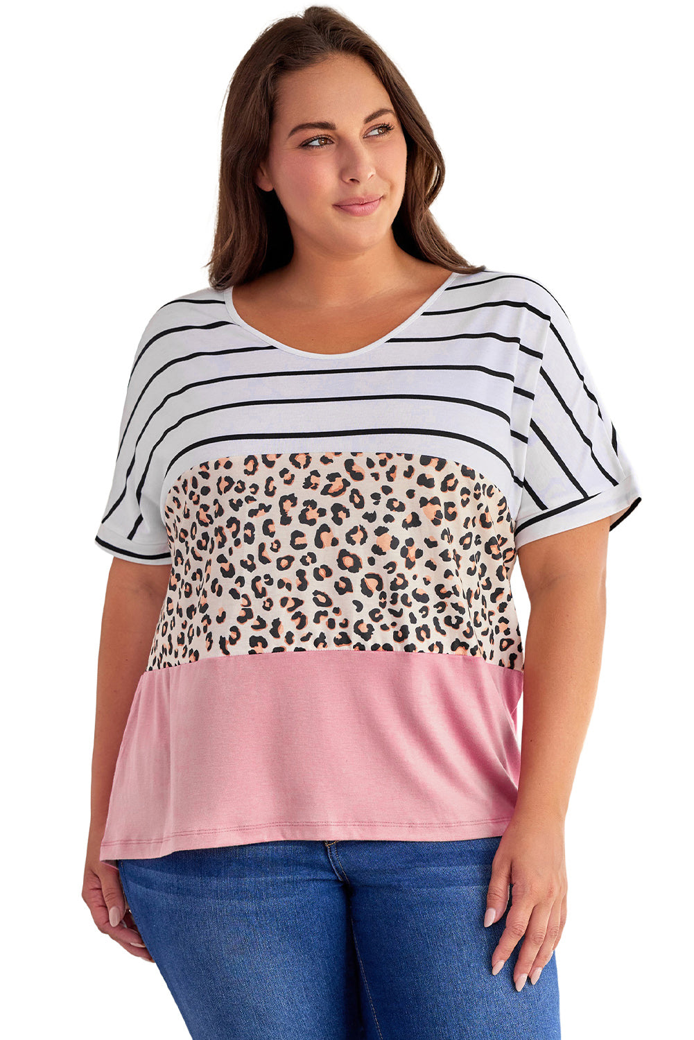 Striped Leopard Color Block Plus Size T-Shirt - SELFTRITSS   